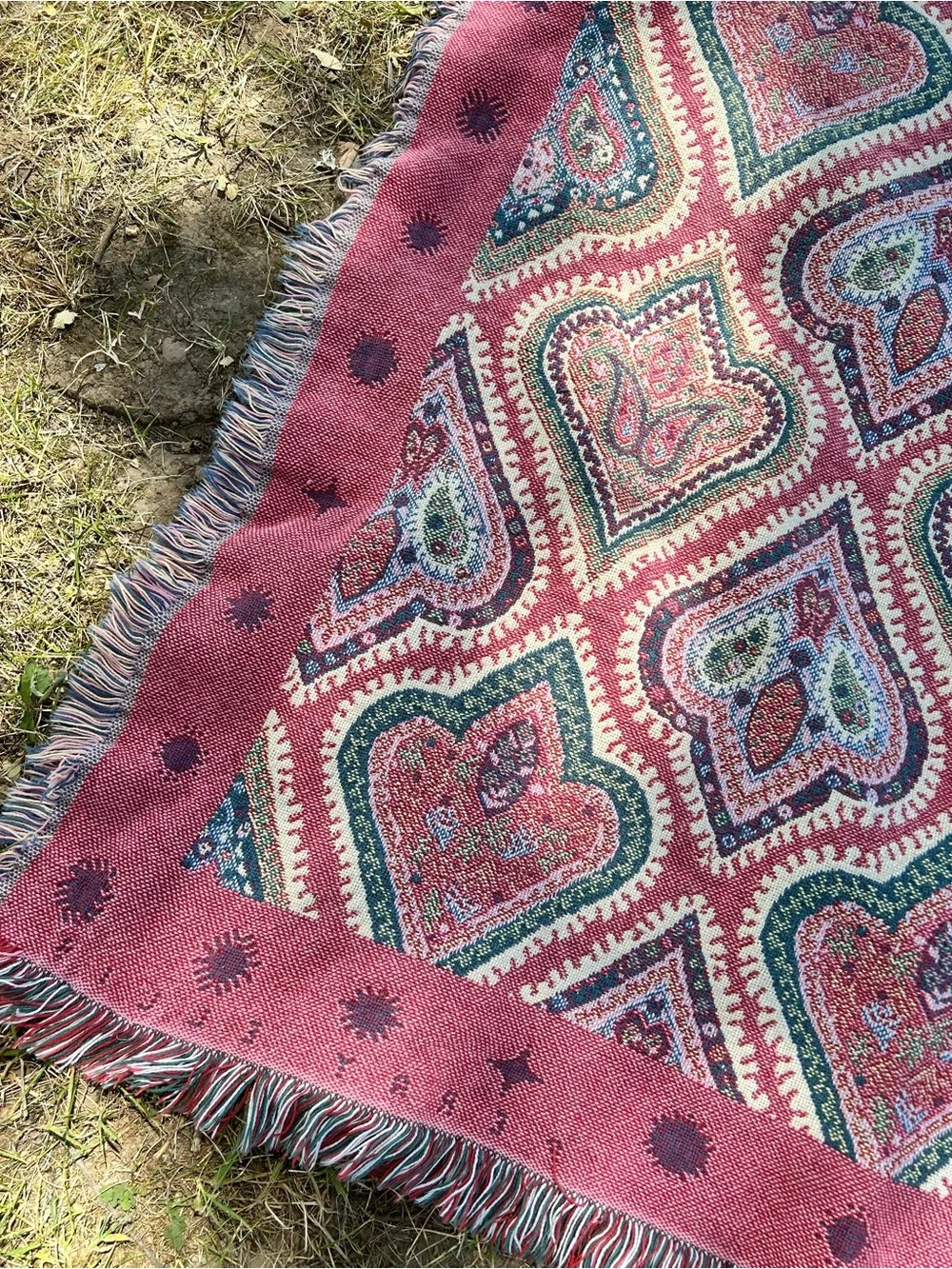 Vintage Patterned Boho Woven Throw Blanket - Teal, Pink, Cream